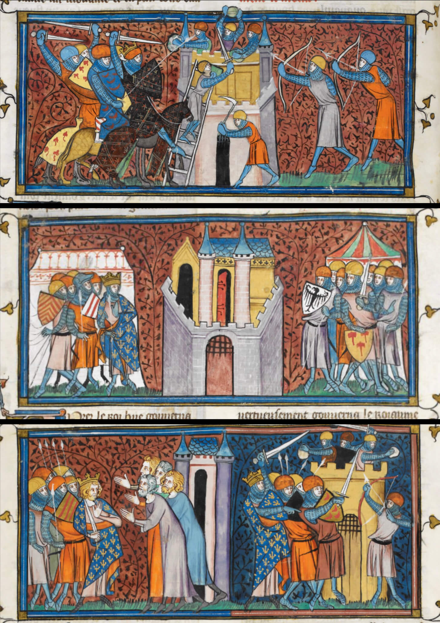 Siege of Avignon (118v), Siege of Melun (259r), Cession of Auxerre and Siege of Avalon (folio 262r), Les Grandes Chroniques de France, Royal MS 16 G IV, British Library, London.