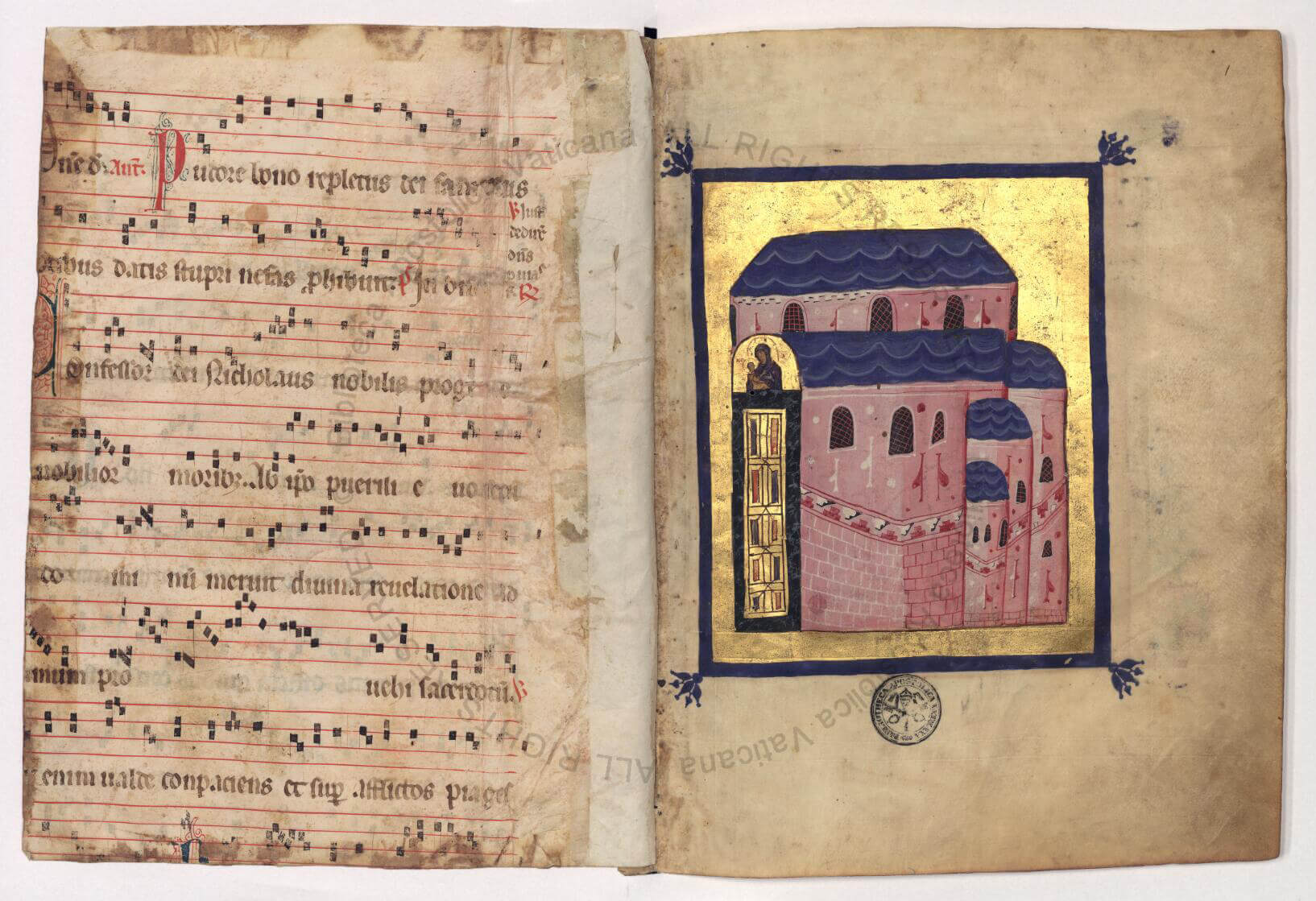 The original Byzantine folio on the right (vat. gr. 1162, 1v) juxtaposed later with a Latin chant of St. Nicholas