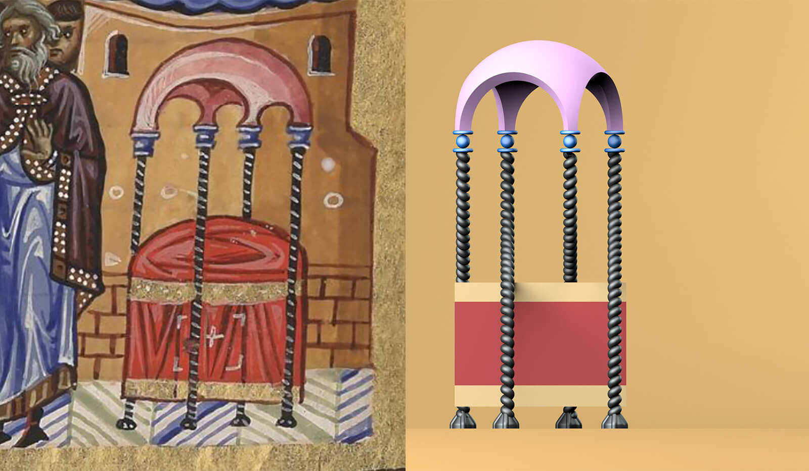 Original miniature of the Temple on the left and its 3D modelling on the right